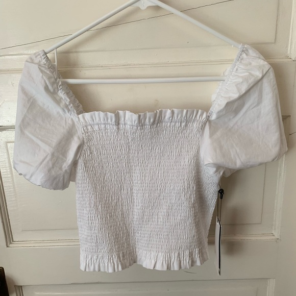 NWT DKNY White Smocked Puff Peasant Sleeve Top Cotton Large - Picture 6 of 11